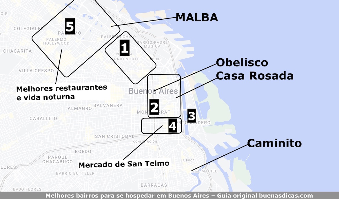 Mapa de Buenos Aires, com a localização dos melhores bairros e localizações privilegiadas para hospedagem.
