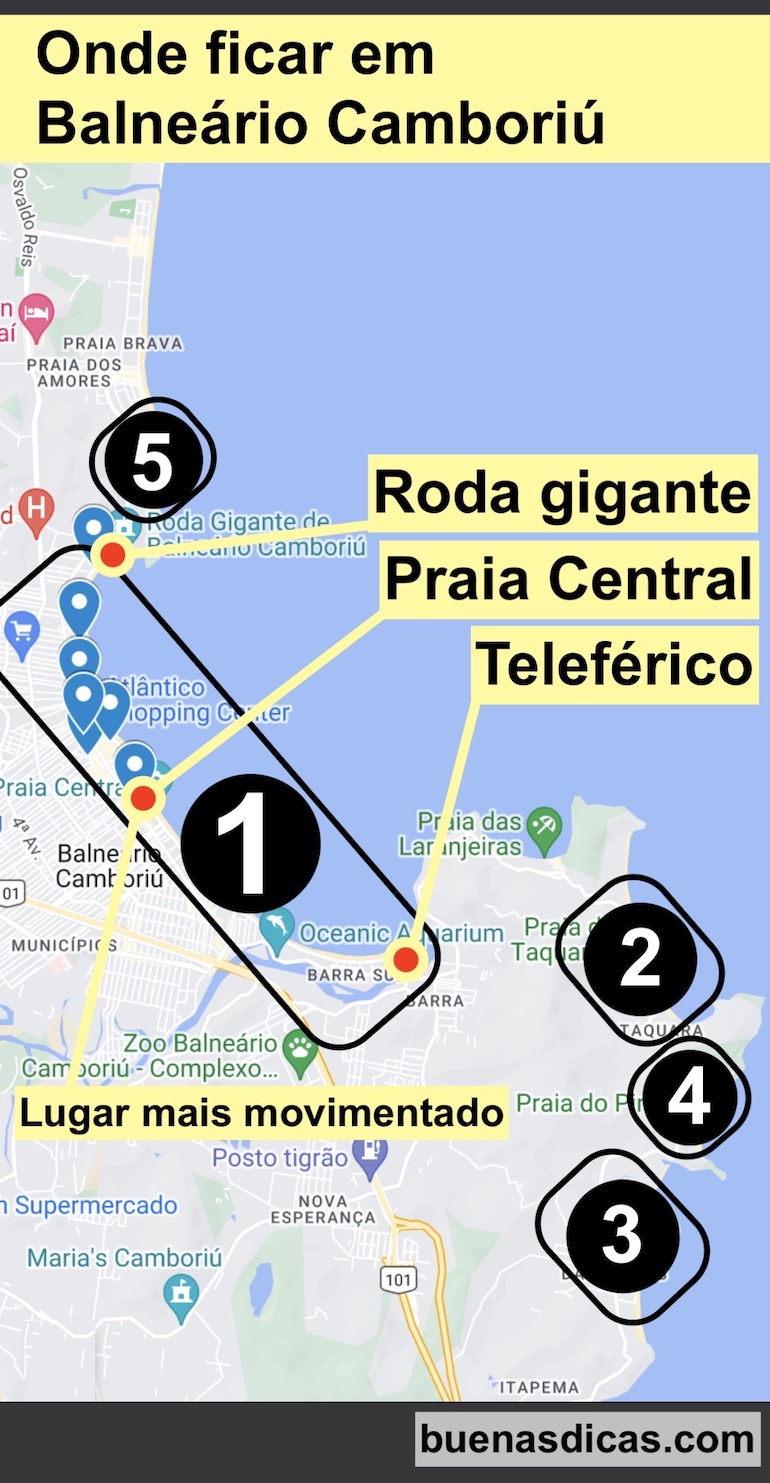Mapa infográfico indicando os bairros e melhores lugares para hospedagem em Balneário Camboriú, apontando hotéis perto da praia central e dos principais pontos turísticos da cidade.