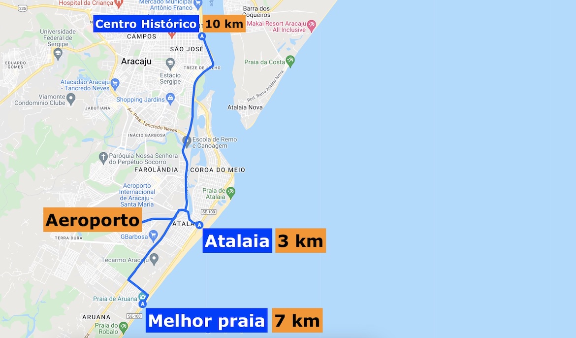Mapa com distâncias entre o Aeroporto de Aracaju e as regiões com mais hotéis e pontos turísticos.