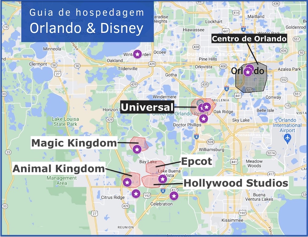 Mapa com dicas de hotéis perto dos parques da Disney, Universal e no Centro de Orlando.