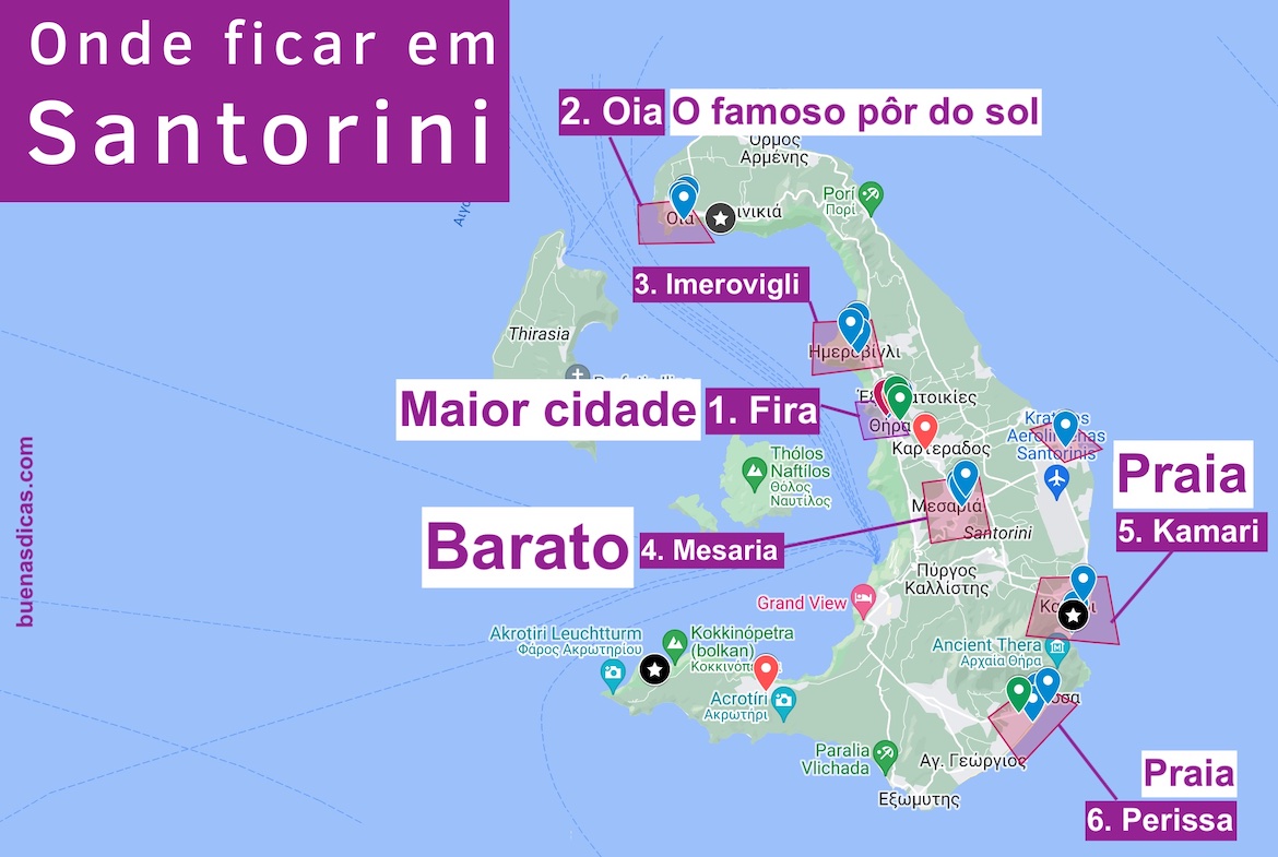 Mapa com dicas de hotéis em praias, cidades e informações relevantes, praticamente um infográfico sobre onde ficar em Santorini, na Grécia