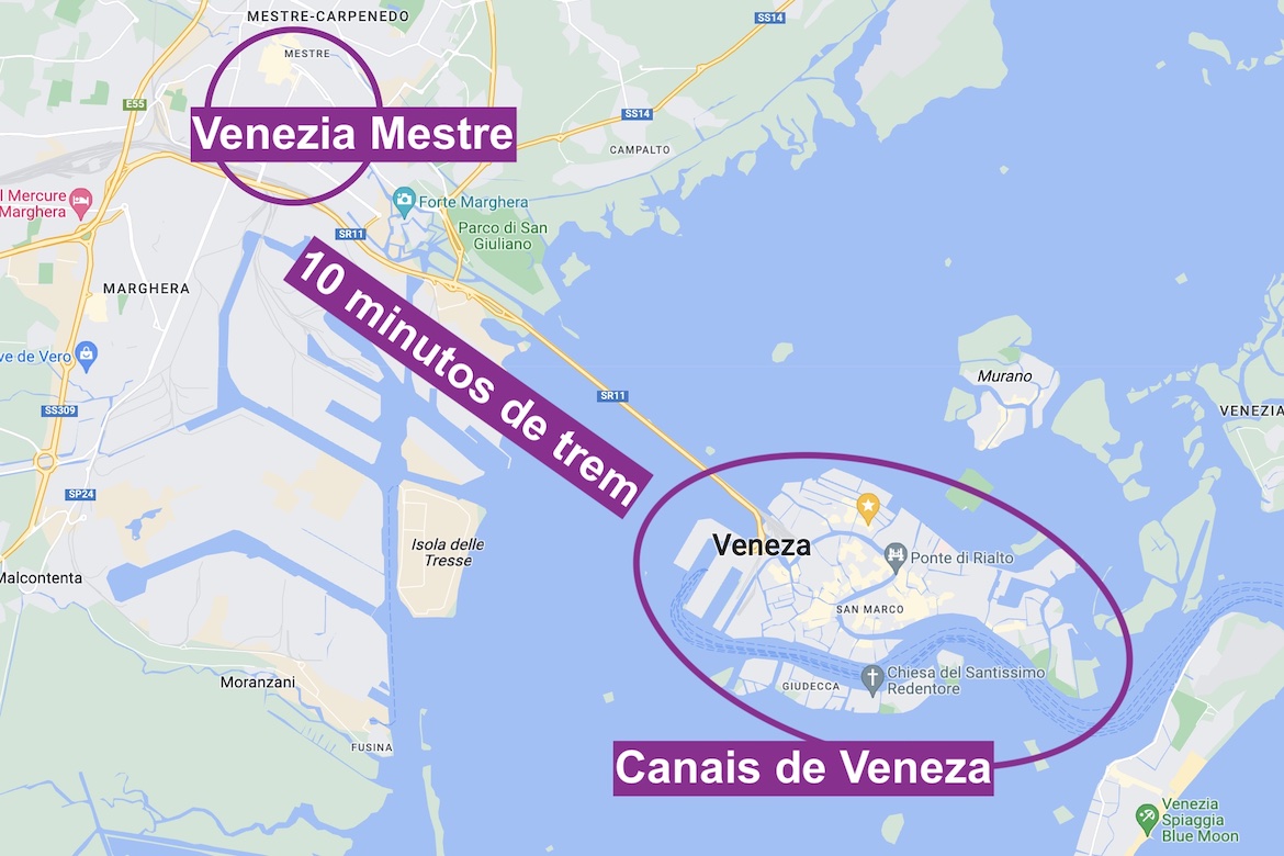 Infográfico demonstrando a distância do bairro Veneza Mestre até as ilhas de Veneza, incluindo a localização da estação de trem e o tempo de viagem.