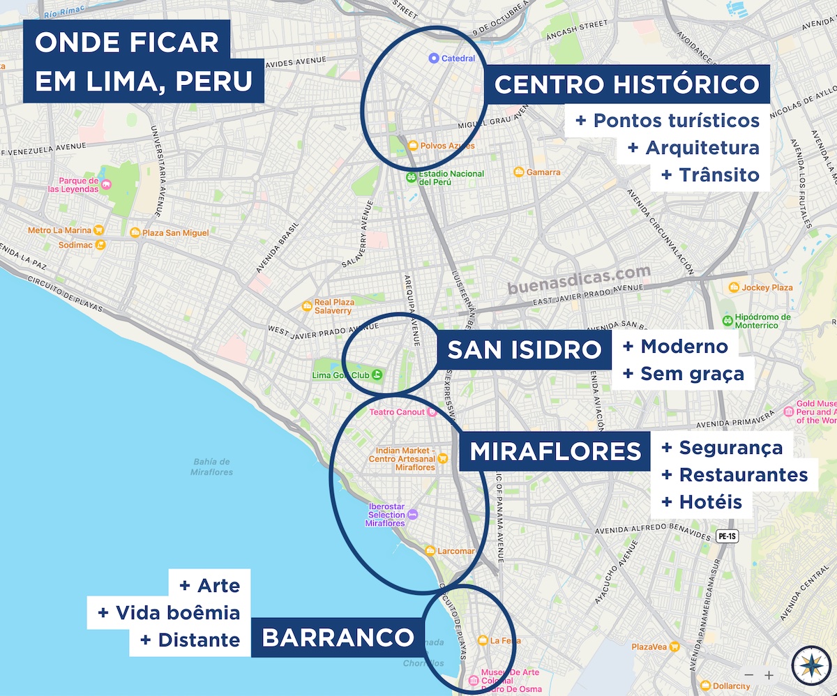Mapa de Lima, mostrando a localização dos melhores bairros para ficar hospedado, com um resumo de cada região, como atmosfera e nível de segurança.