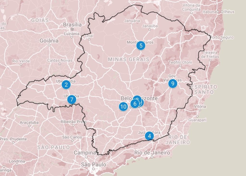 Mapa com a localização das 10 maiores cidades de Minas Gerais.