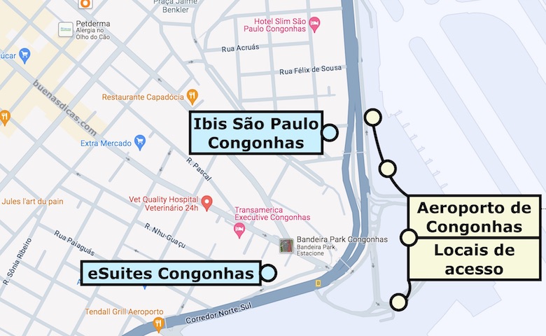 Mapa demonstrando quais são os hotéis mais próximos ao Aeroporto de Congonhas (CGH), em São Paulo.