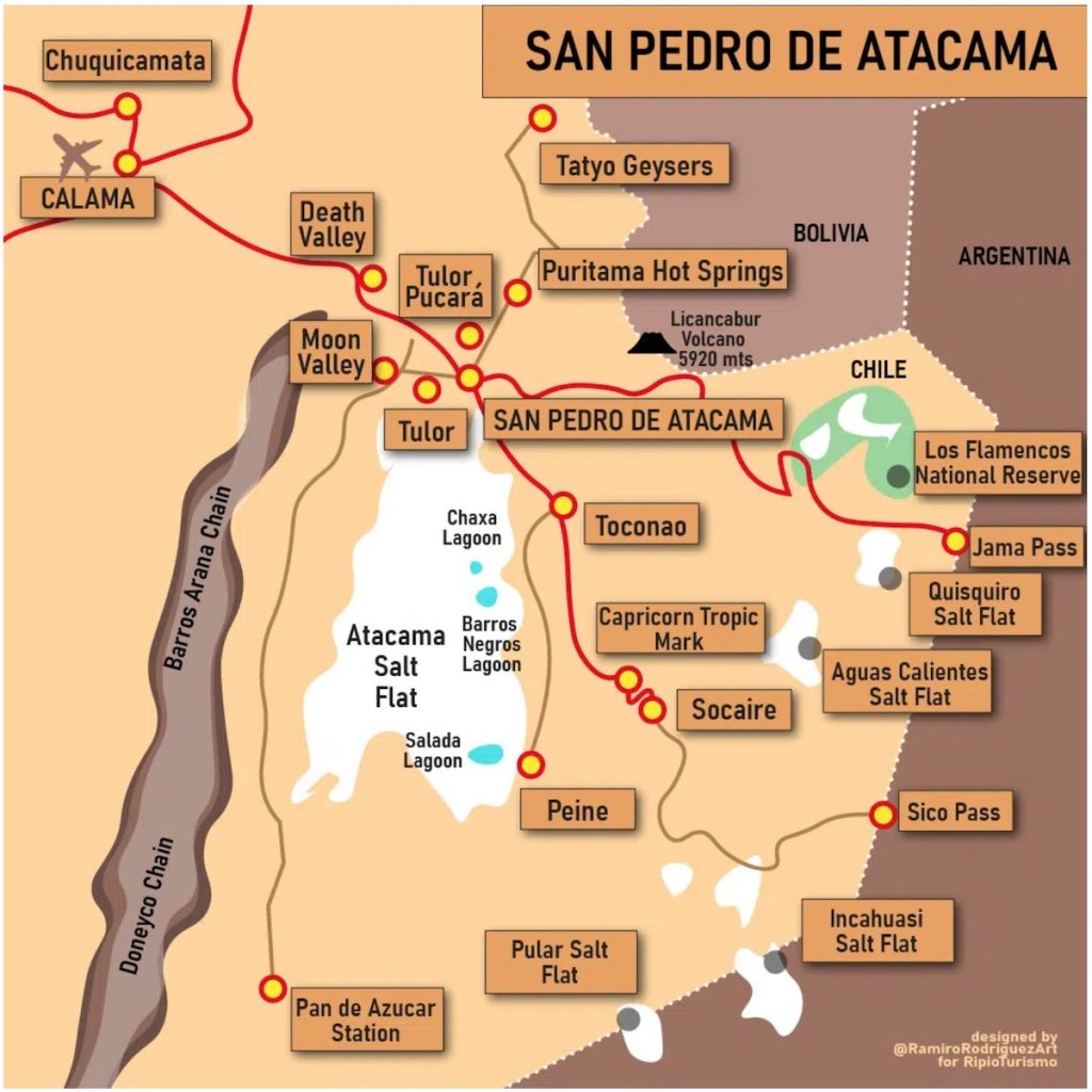 Demonstrar a localização e os principais pontos turísticos e locais de interesse do Deserto do Atacama.