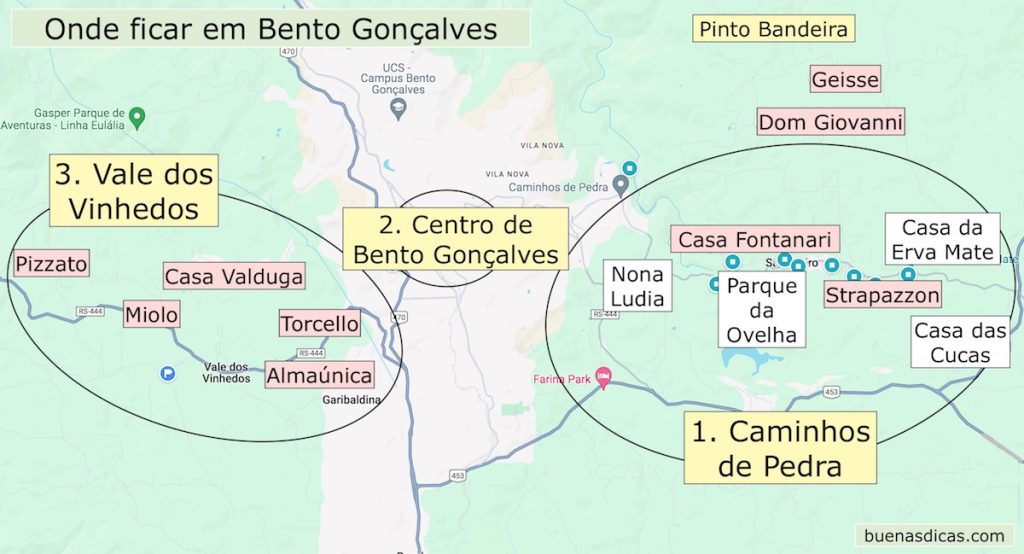 Mapa indicando a localização dos melhores lugares onde ficar em Bento Gonçalves, incluindo as principais vinícolas e os pontos turísticos de cada região hoteleira.