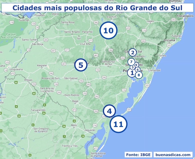 Mapa do Rio Grande do Sul, mostrando as cidades mais populosas. Infográfico para melhor entendimento do conteúdo.