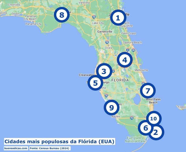 Mapa com a localização e ranking das cidades mais populosas da Flórida