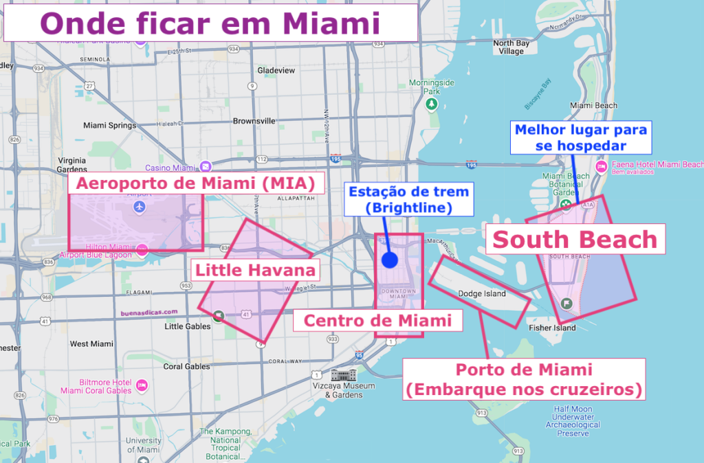 Mapa com locais de interesse e melhores lugares para hospedagem em Miami, para demonstrar as localizações e facilitar a escolha de um hotel em local estratégico.