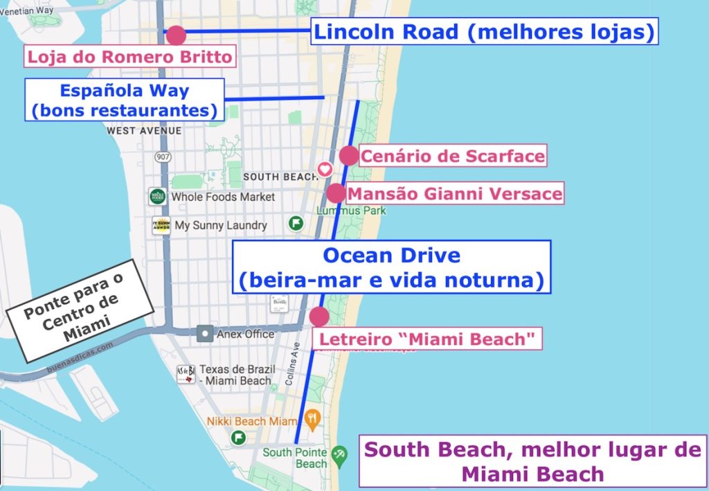 Mapa de south beach, mostrando seus atrativos e por que essa é a melhor área onde ficar em Miami.