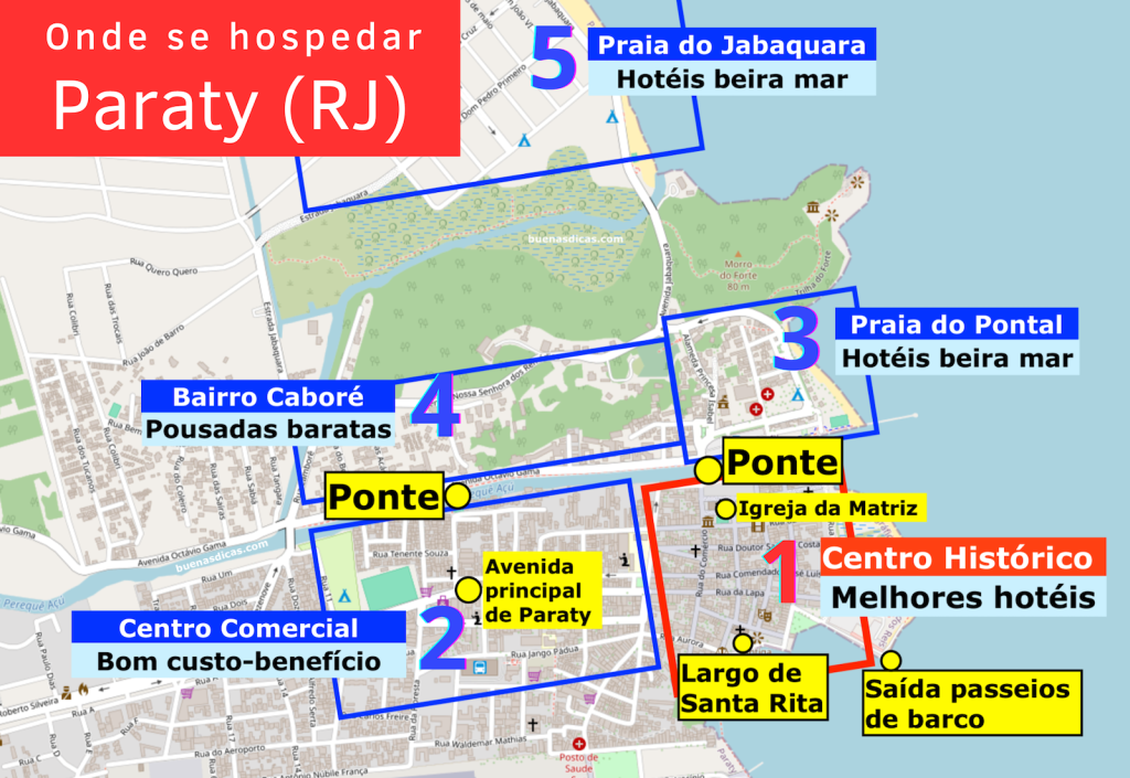 Mapa infográfico que auxilia na localização dos bairros e praias de Paraty, com texto informando as principais características de cada área e o perfil dos hotéis.