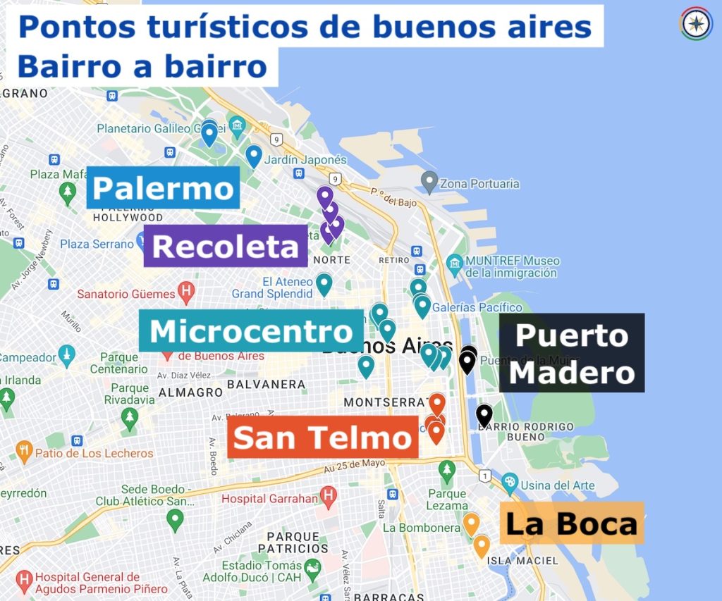Mapa indicando a localização dos pontos turísticos de Buenos Aires, por bairros.