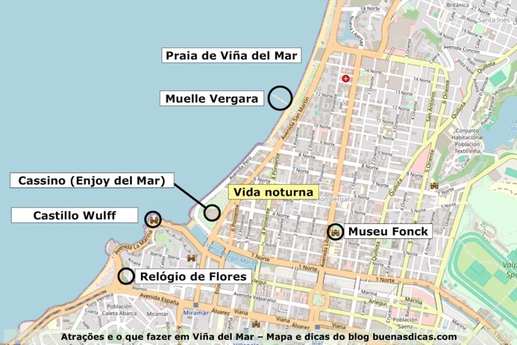Mapa de turismo de Viña del Mar, com a localização dos pontos turísticos.