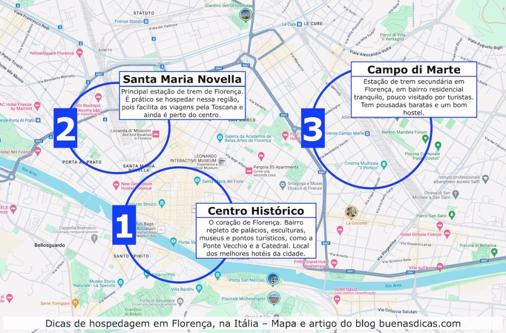 Mapa que mostras detalhes sobre as melhores localizações para hospedagem em Florença, com texto resumindo as vantagens de cada bairro.