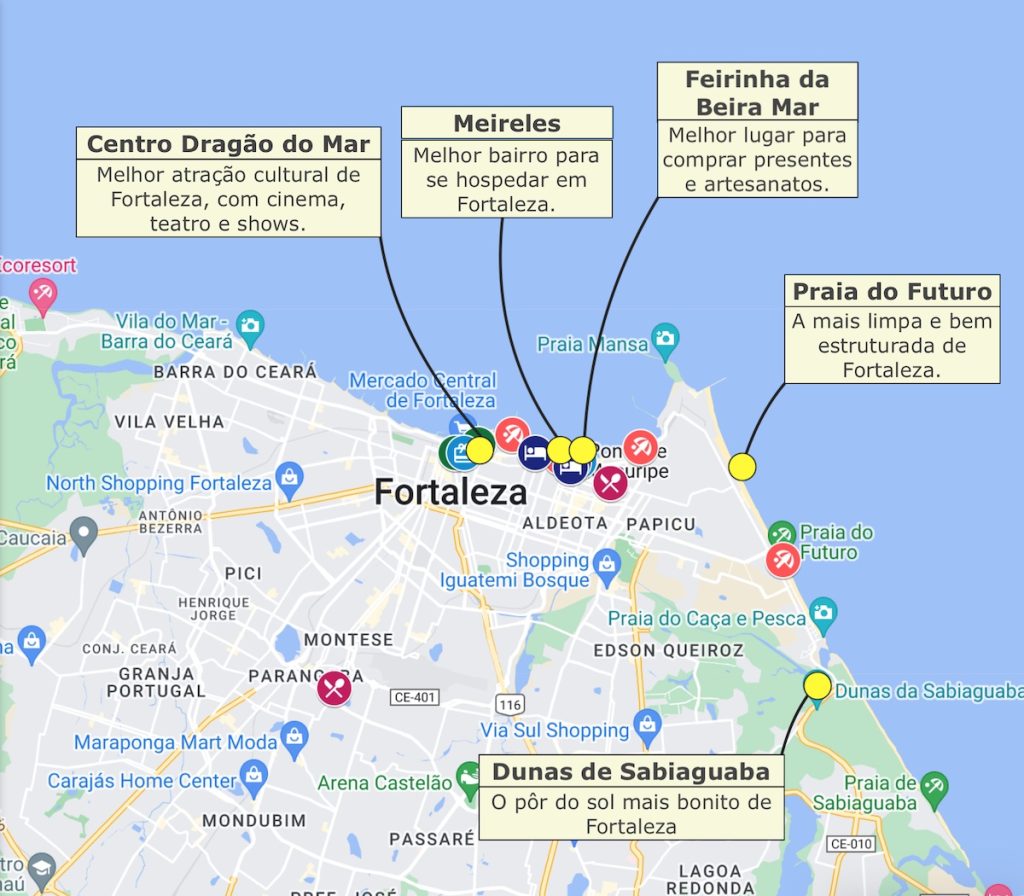 Dicas de viagem para Fortaleza no mapa da cidade, com localização e informações sobre atrações culturais, praias, feiras e passeios.