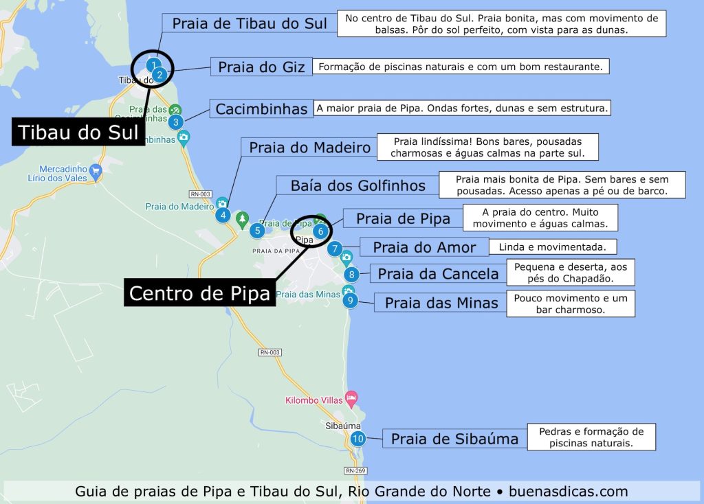 Mapa de praias em Pipa (RN), vila de Tibau do Sul. Características das 10 melhores praias de Pipa.