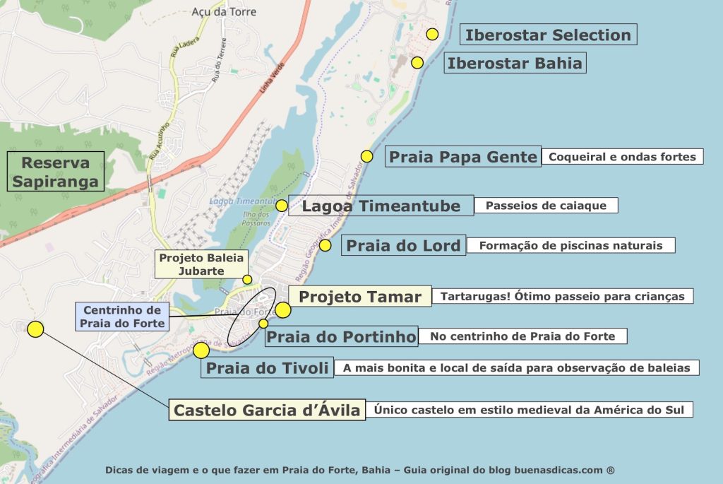 Mapa de turismo em Praia do Forte, com a localização das melhores praias e pontos turísticos, e dicas sobre cada lugar.