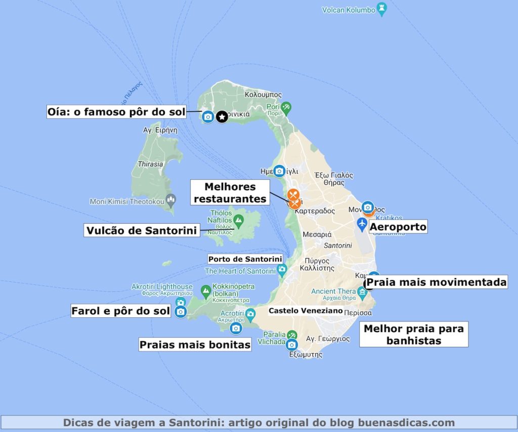 Mapa de turismo em Santorini, com a localização das melhores praias e dos principais pontos turísticos da ilha.